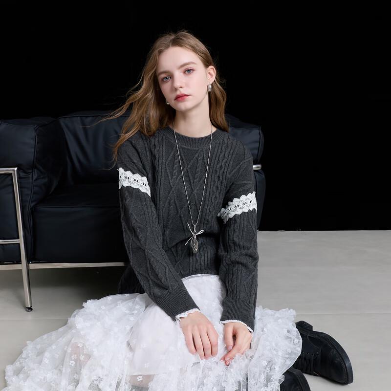 Sancai 2025 Winter Round Neck Cable Knit Sweater with Lace Trim