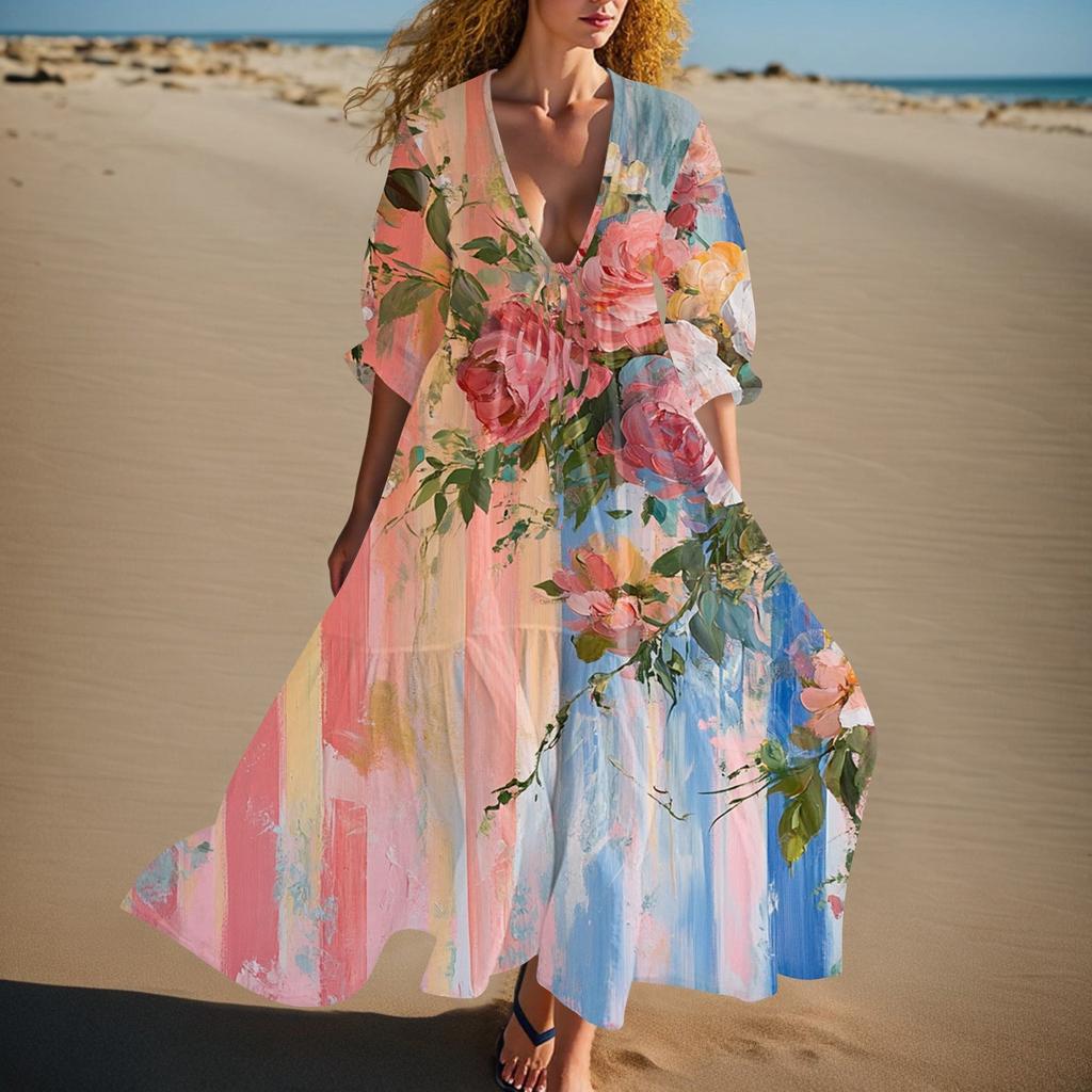 Women's Summer Fashion V-neck Retro Floral Print Short Sleeved Beach Dress With Lace Patchwork Dress