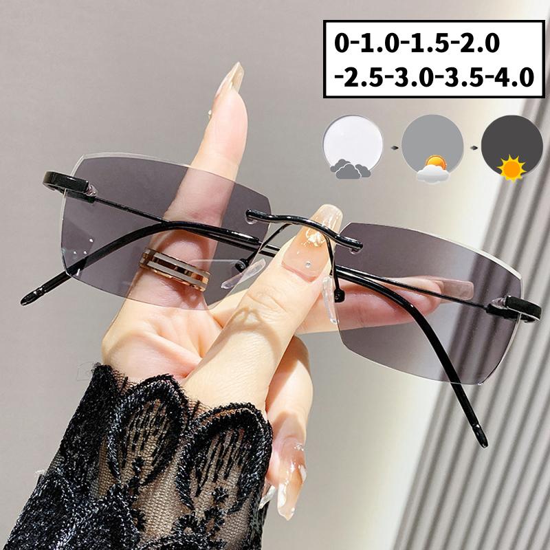 New Trend Women's Pochromic Glasses Outdoor Anti-UV Discoloration Myopia Men Vintage Square Rimless Minus Diopter Eyewear