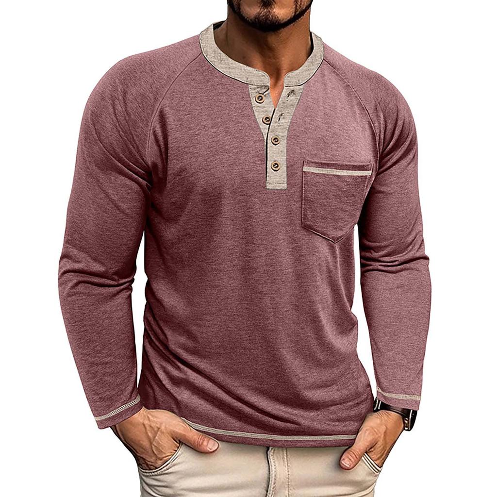 Men's Button Lapel Colored Cotton Long Sleeved Base Men's Top