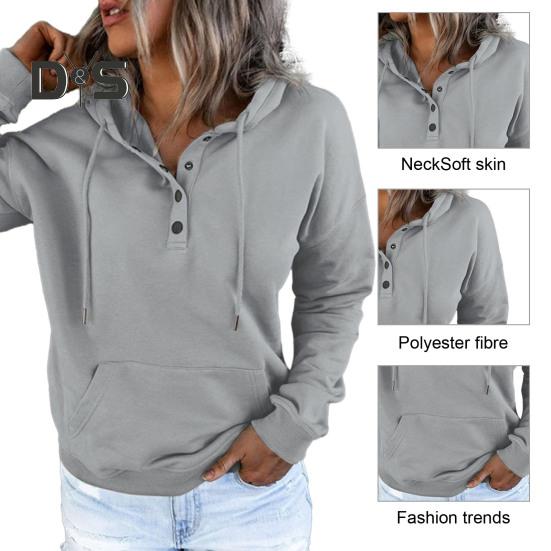 Kvinner Høst Vinter Hettegenser Langermet Løs Pullover Stor Lomme Knapp Dekor Snøring Uformell Myk Varm Hette Elastisk Mansjett Dame Hettegenser Topp