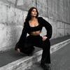 European and American style velvet hooded suit women's short jacket high waist wide leg pants relaxation casual two-piece suit women