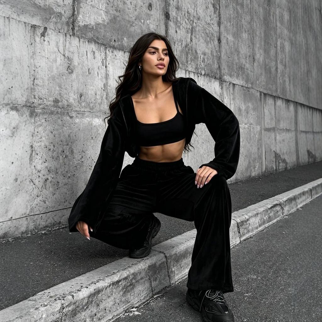 European and American style velvet hooded suit women's short jacket high waist wide leg pants relaxation casual two-piece suit women