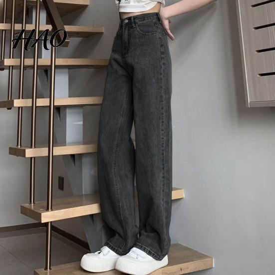 Solid Color High-waist Jeans Women High Waist Button Zipper Closure Vintage Loose Fit Hidden Belly Shape Trousers Pockets Straight Wide Leg Streetwear