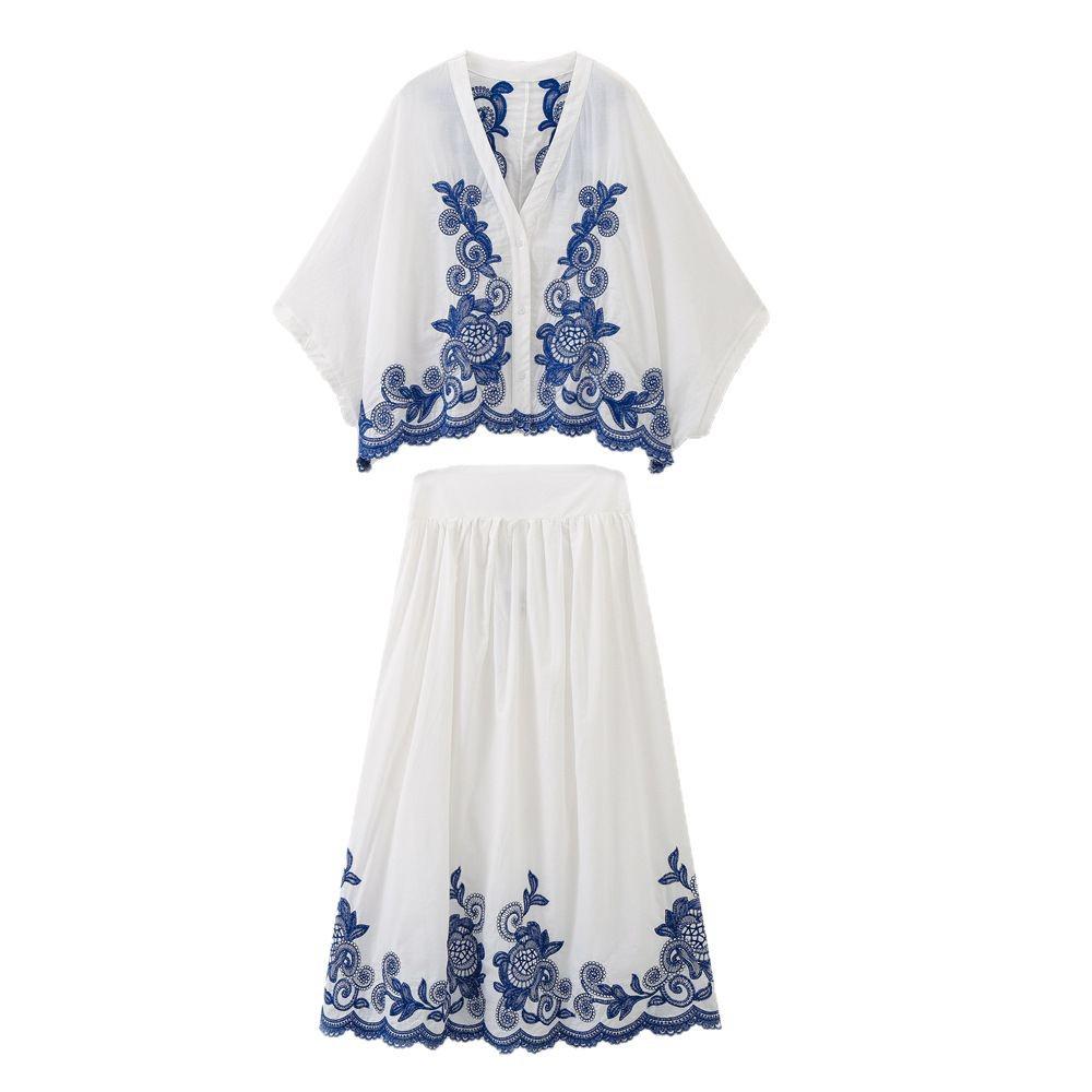 Dámský letní 2025 retro barevný blok vyšívaný set košile a midi sukně