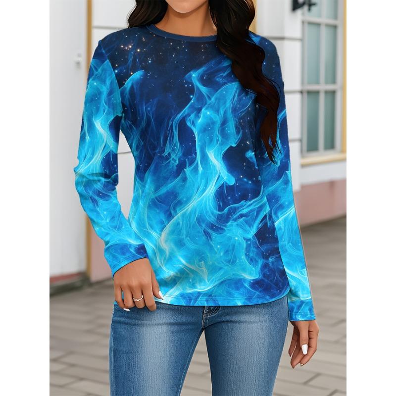 Blue flame women s casual long-sleeved T-shirt, daily wear, personalized shirt, breathable top, a must-have for fashion lovers S