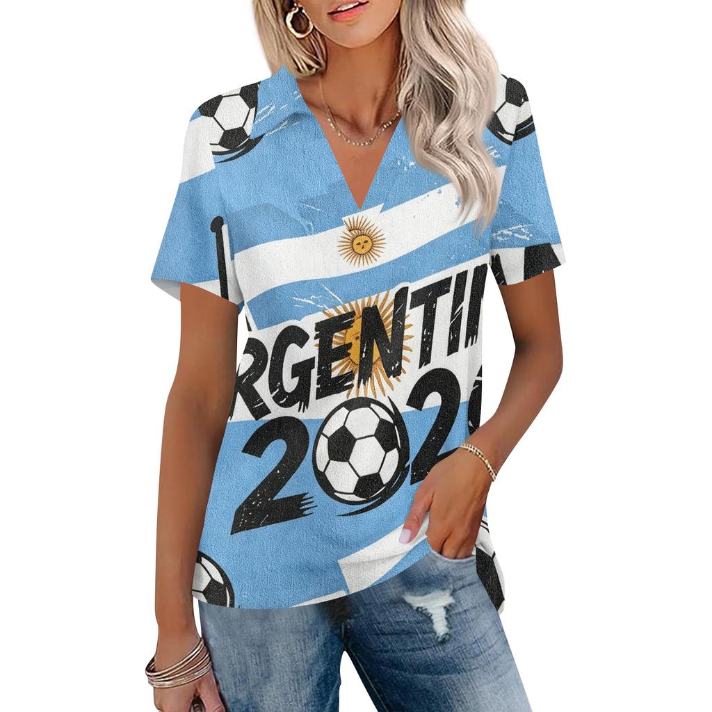Women's Casual V Neck Short Sleeve T Shirt World Cup Print Polo Style Top Lightweight Comfortable Fit