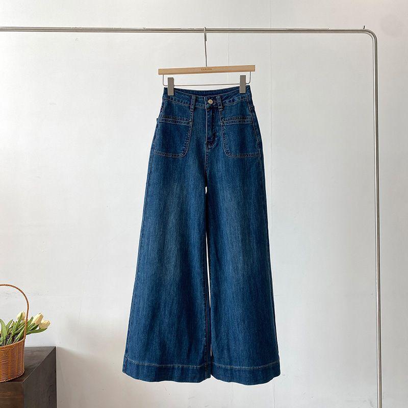 

Korean Style White Denim Wide Leg Pants Women Autumn High Waist Fashion Pockets Straight Trousers Casual Loose Denim Pant XS