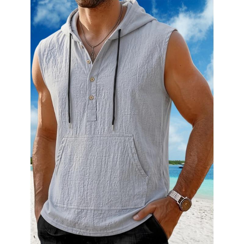 Men Hooded Drawstring Half Button Sleeveless Pocket Linen Vest