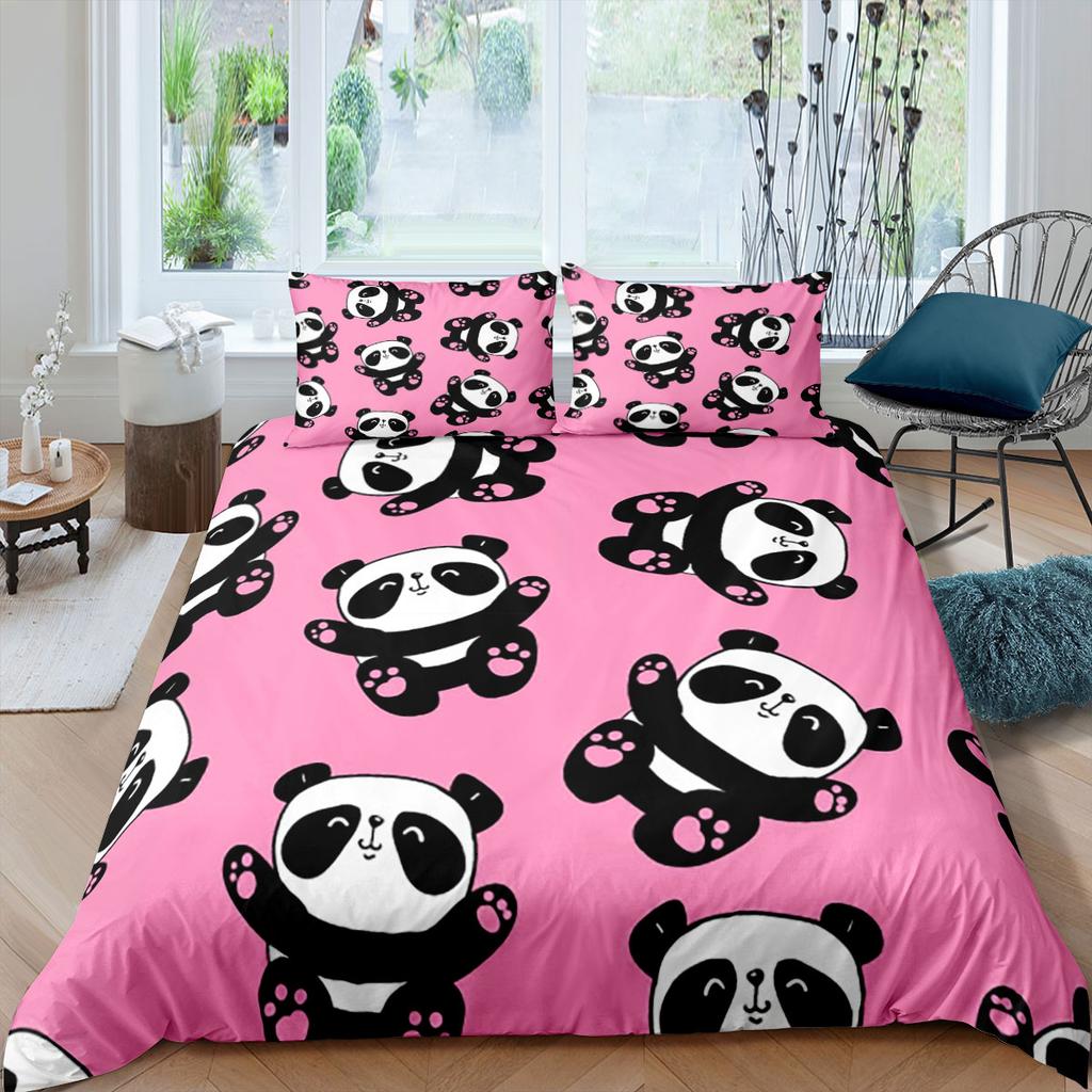 Kids Panda King Queen Duvet Cover Cute Animal Bedding Set For Boys Girls Cartoon Style 2/3pcs Quilt Cover Flower Comforter Cover