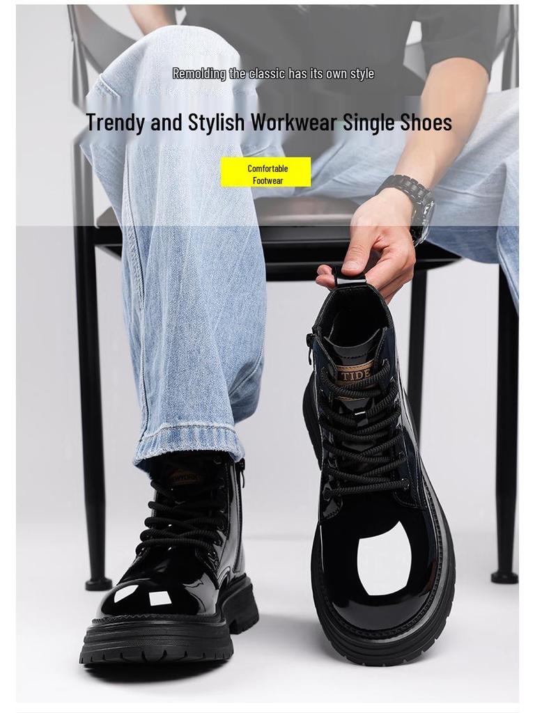 2025 Winter Men's High Top Martin Boots, Plus Velvet, Thick Sole, Retro Leather, Warm and Shiny Workwear Shoes