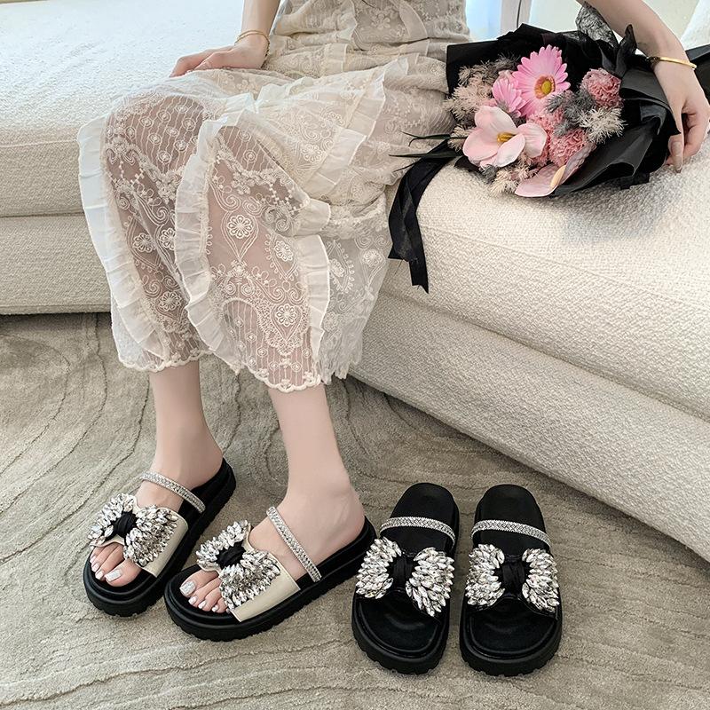 2025 Women's Summer Wear Cool Slippers with a Hundred Matching Thick-bottomed Rhinestone Bow Skirt Summer New French Flat-bottomed Drag