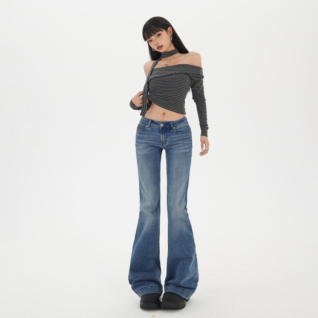 Washed cat whisker low-rise slightly pulled jeans women's early autumn new slim-fitting and thin versatile horseshoe flared pants