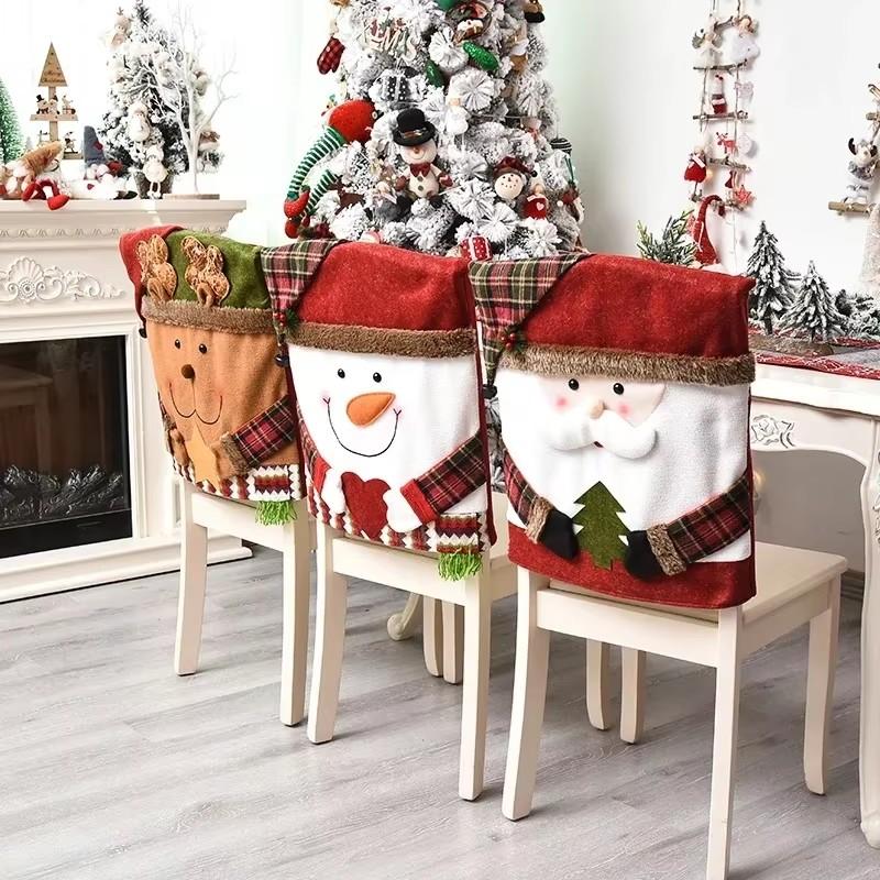 Christmas Chair Cover Santa Claus/Snowman/Reindeer Chair Slipcover Xmas Chair Back Cover Holiday Seat Cover Home Decoration