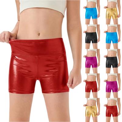 Girls Shiny Shorts High Waist Stretchy Safety Shorts Dance Practice Leggings Performance Gymnastics Activewear Bottoms