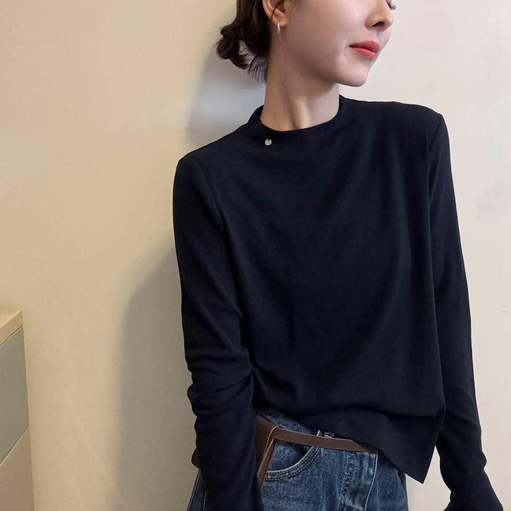 Women's Black Round Neck Loose Long Sleeve T-Shirt - Trendy Casual Base Layer for Spring/Autumn 2025.