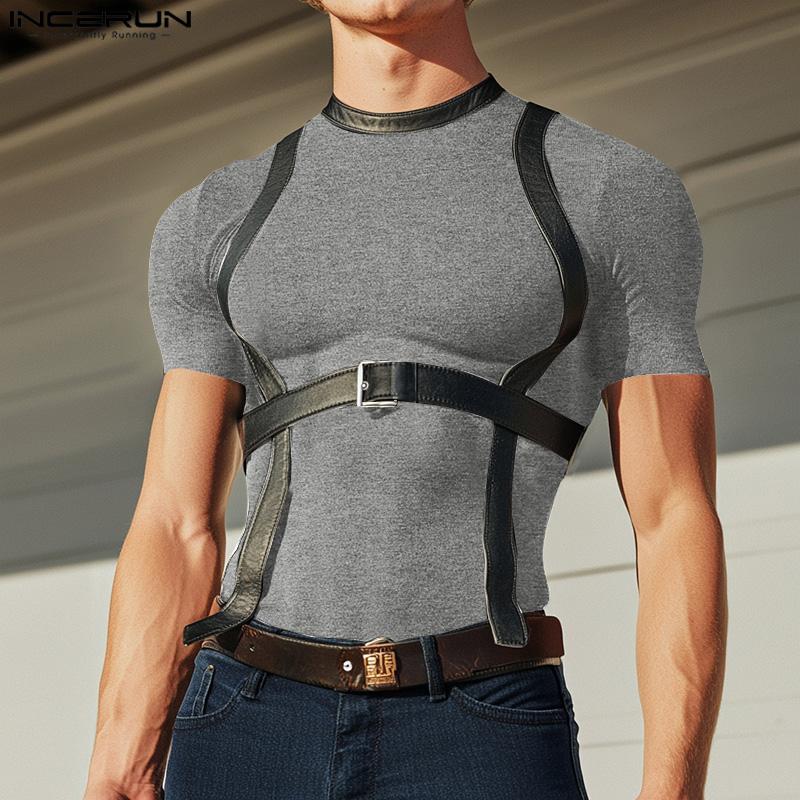 INCERUN Summer Mens Round Neck Short Sleeve Belt Patchwork  Skinny T-shirts 4XL