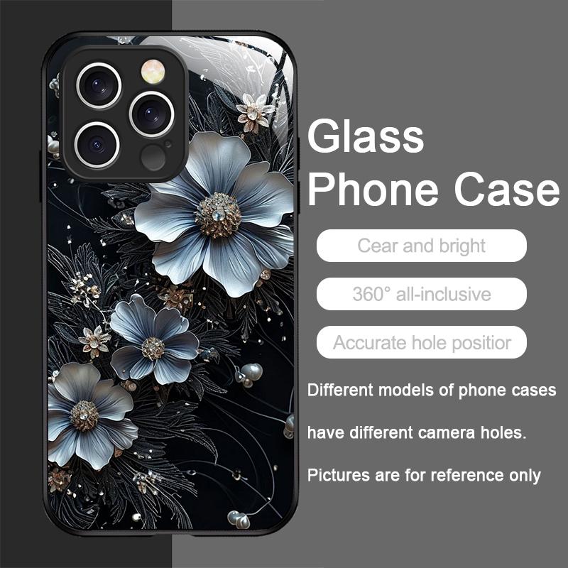 Elegante Custodia in Vetro Temperato con Motivo Fiore di Loto per iPhone 17 16 Pro Max 15 14 13 12 Mini 11 X XS MAX XR 7 8 Plus Cover