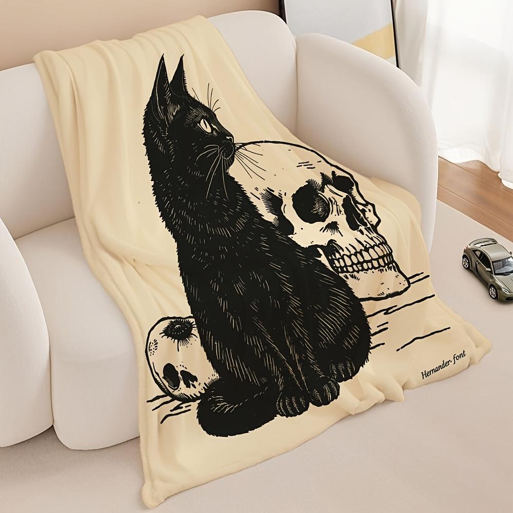 Black Cat Skull Gothic Throw Blanket Halloween Design for Living Room Decor Gift for Her DarkStyle50x60