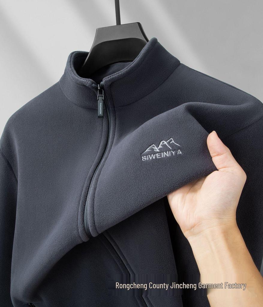 Men's Plus Size Stand Collar Fleece Jacket - Loose Fit for Autumn/Spring, Middle-Aged Style
