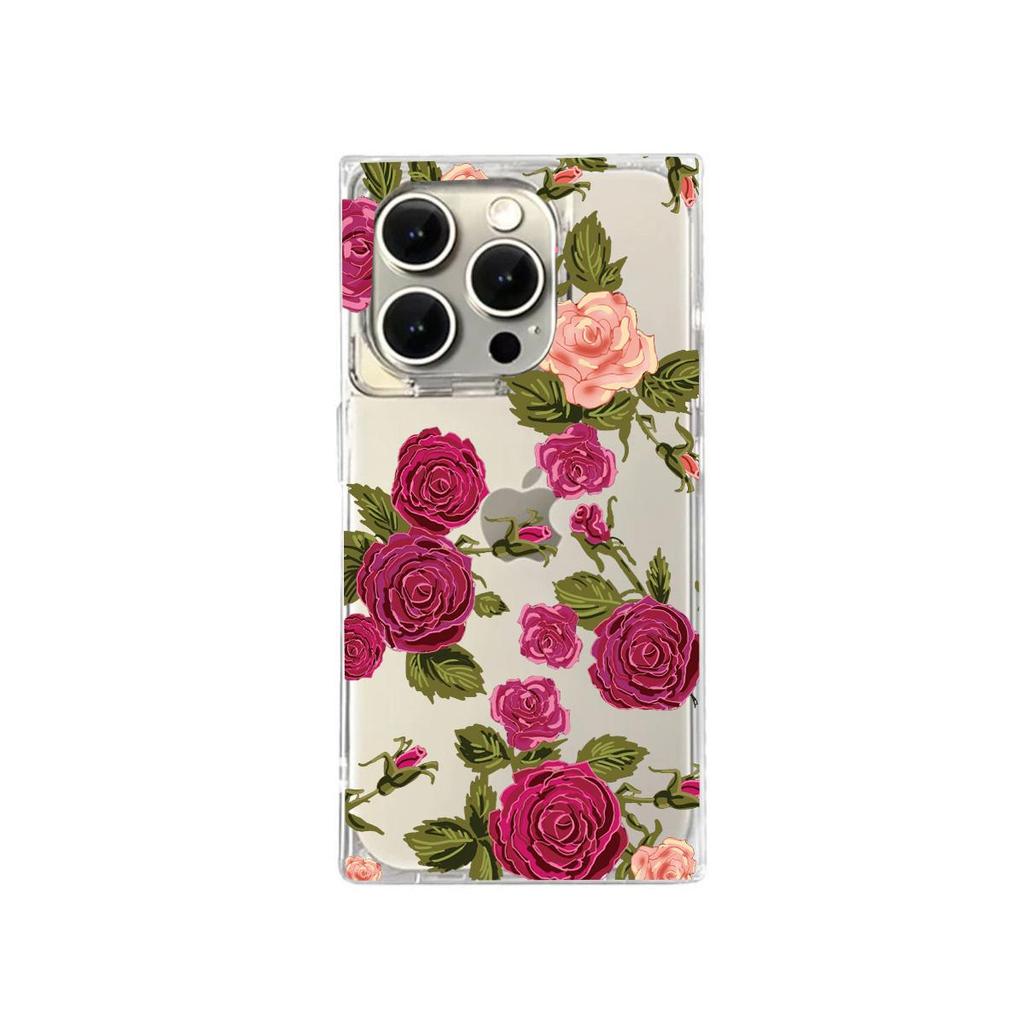 Square Back Tube Protection Clear Case For iPhone 11 13 16 ProMax 15 Plus 14 Pro Max 12 Anti-Oxygen,Full Screen Rose Pattern Casing