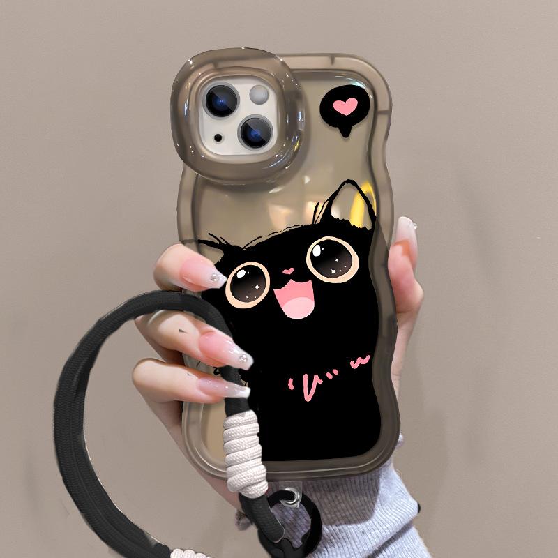 Niedliches Schlüsselband mit schwarzer Katze, Geeignet für Apple 16promax Handyhülle 15, Transparentes Silikon 14, Doppelständer 13, Nische 12