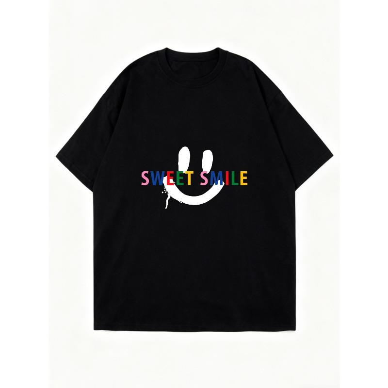Oversized T Shirt Black Sweet Smile Rainbow Print Casual Wear For Women