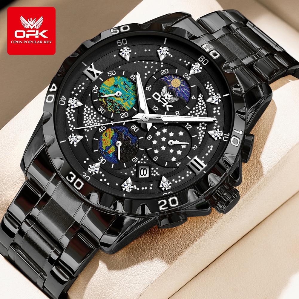 OPK Moon Phase Men's Watches Multi-function Timing Stainleess Steel Luminous Waterproof Watch for Man