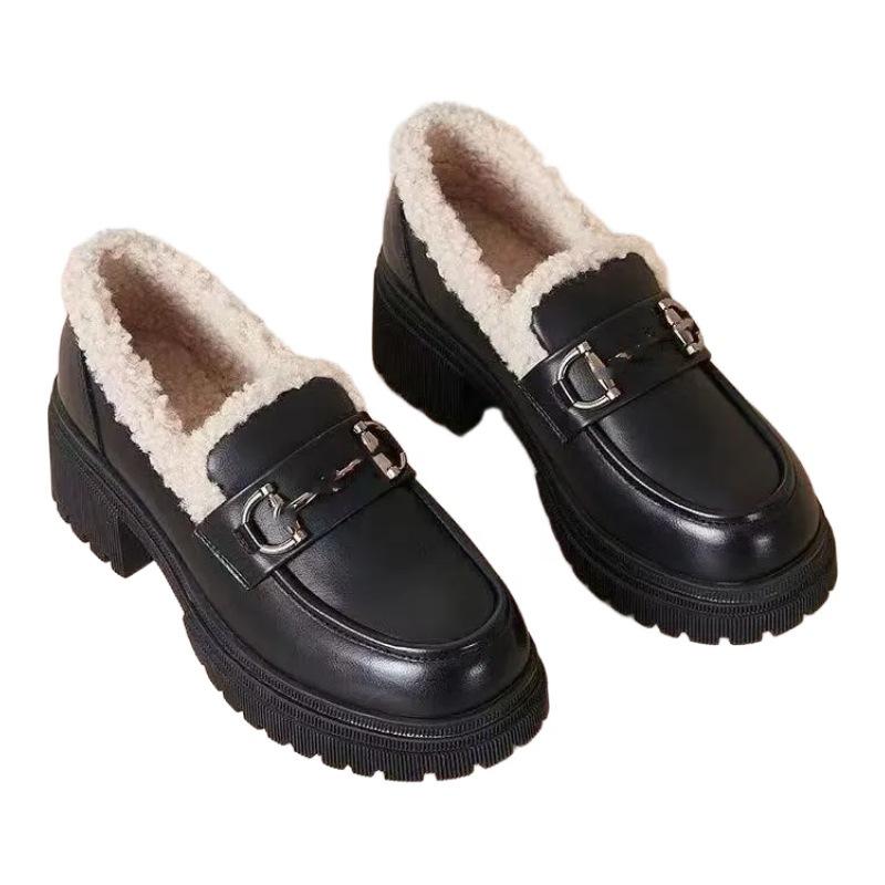 New British style thick-soled velvet autumn and winter small leather shoes fluffy warm cotton shoes