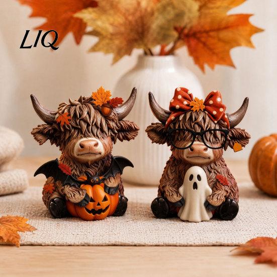 Coastal Style Ornament 2PCS Highland Cow Ornament, Wooden Rustic Figurine, Thanksgiving Handcrafted Wood Theme Art, for Entrance Living Room