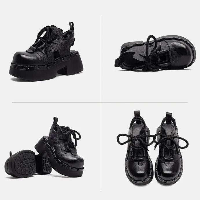 Johnature Retro Sandały z Prawdziwej Skóry z Wycięciami Okrągły Nosek Sznurowane Gruba Podeszwa Buty Damskie