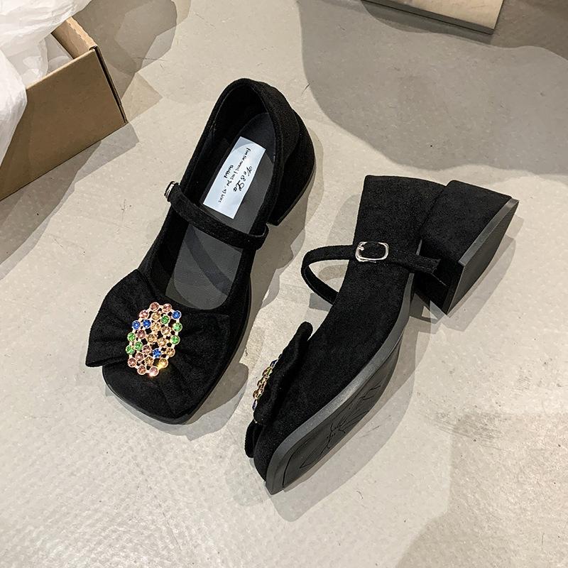 2025 Spring and Summer New Rhinestone Temperament Trendy Horseshoe Heel Square Head Fashionable Gentle Single Shoelace Lock