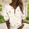 Women Plus Size Beige Brown Geometric Printed V Neck Half Zip Long Sleeve Sweatshirt
