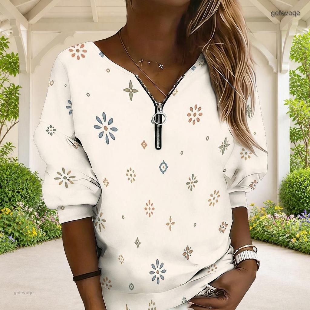 Women Plus Size Beige Brown Geometric Printed V Neck Half Zip Long Sleeve Sweatshirt