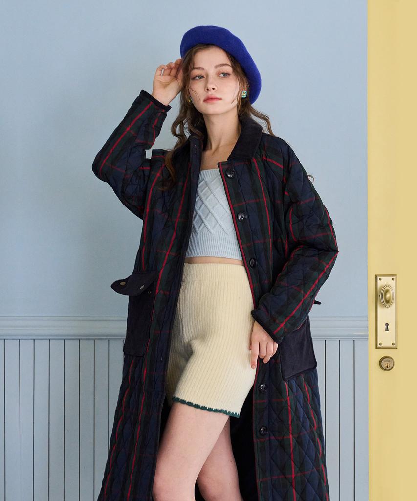 Bonidee Quilted Raglan Long Coat (Check Navy)