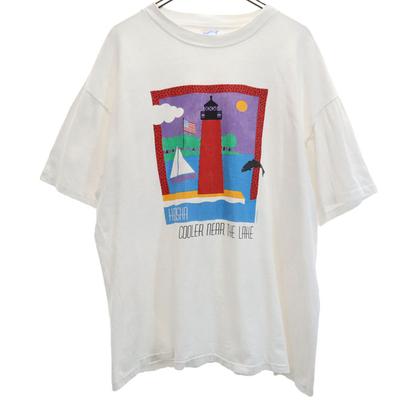 HANES Lata 90. Nadruk latarni morskiej Koszulka z krótkim rękawem Pojedynczy szew Stara vintage Męska Używana