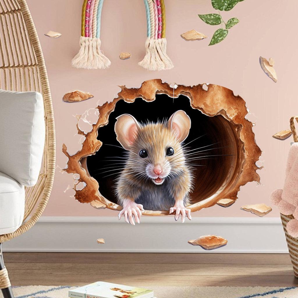 Peeking Mouse from Hole Wall Stickers, Creative Tunnel Scene Self-Adhesive PVC Decals for Kids Room Skirting Board Decoration