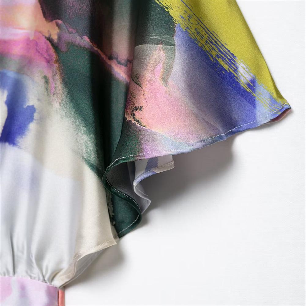 Spring/Summer 2025 Women's Asymmetrical Print Dress—Slim Fit, Round Neck, Versatile Design.