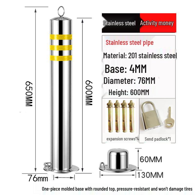 Stainless Steel Reflective Bollard: Thickened Anti-Collision Road Post, 304 Steel Parking Space Isolation Post.