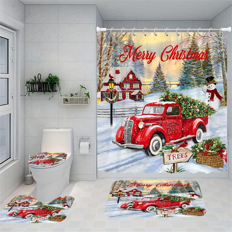 Christmas Series Shower Curtain Digital Printing Bathroom Shower Curtain Four-Piece Polyester Shower Curtain