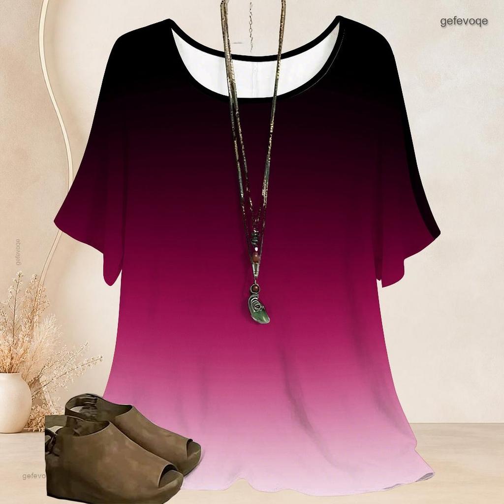 Women Plus Size Round Neck Batwing Short Sleeve Loose Gradient Printed Top