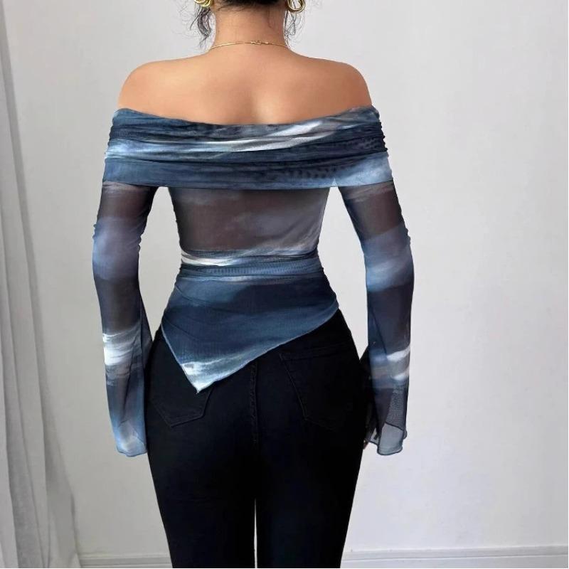 T-shirt Top da Donna a Maglia Rete Stampata Scollo a Barca Sulla Spalla Manica Lunga Vestibilità Slim