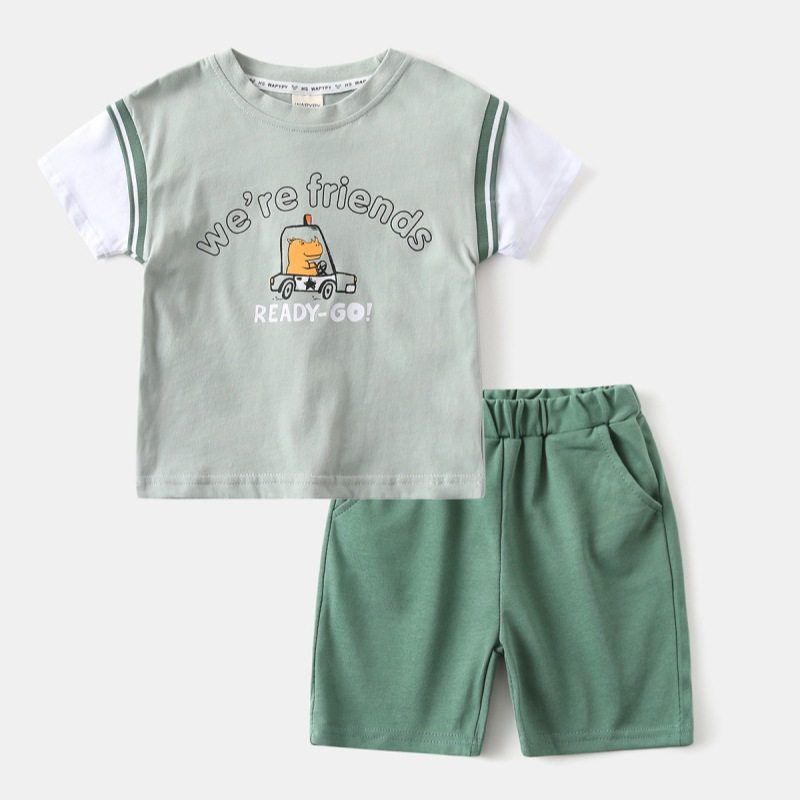 Boy Summer Short-Sleeved Top Suit Baby Cartoon Hippo Car Two-piece Set Kids Pure Color Shorts Clothes