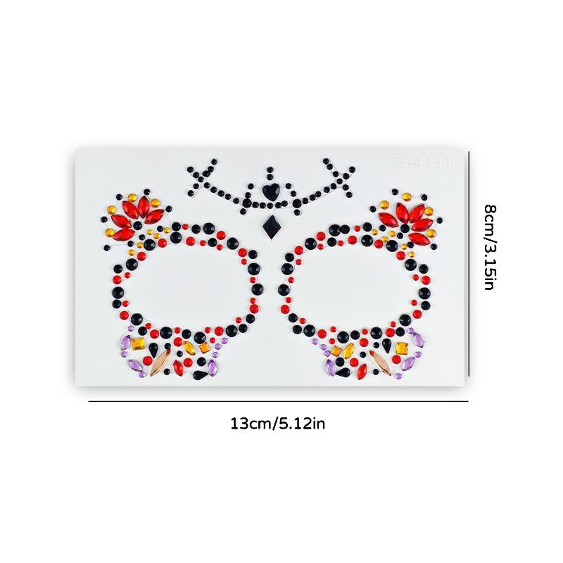 Colorful Skull Flower Face Rhinestone Jewel Stickers Self Adhesive for Music Festival Stage Performance Makeup