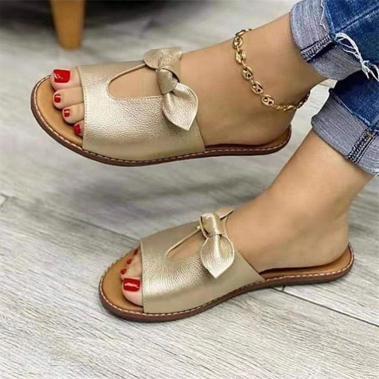 Womens Summer Flat Sandals With Bow Hollow Out For Casual Daily Wear