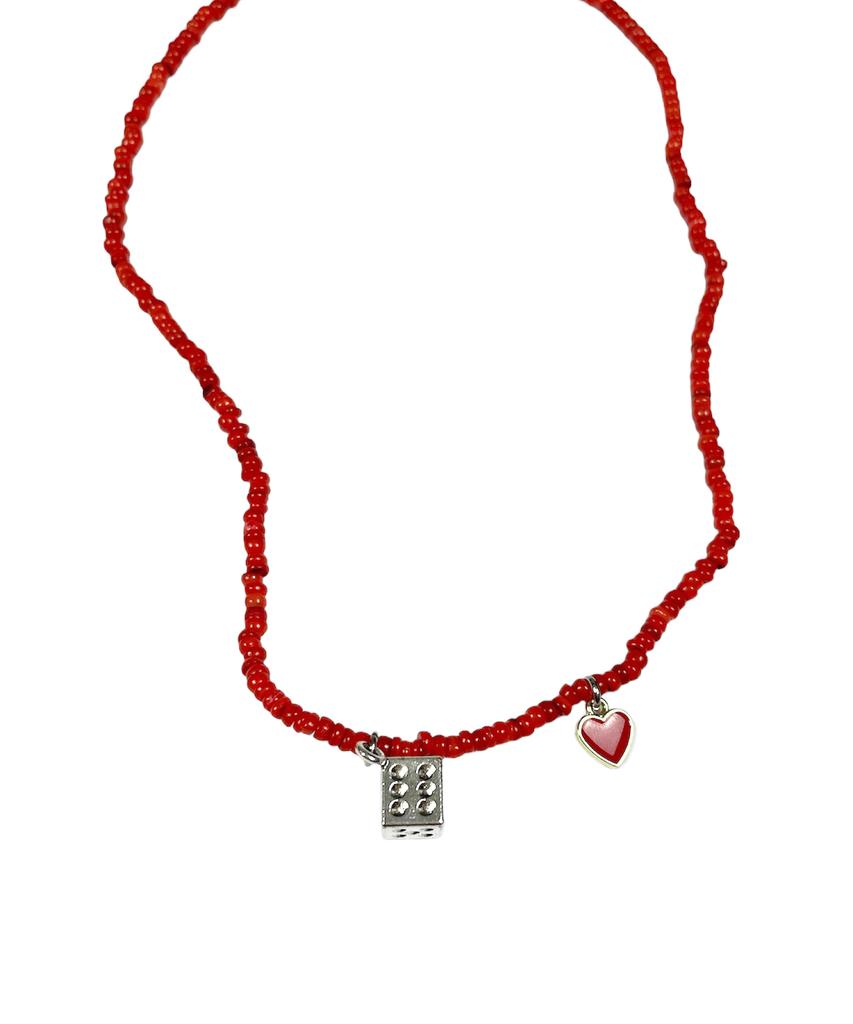 Sk8Er Rock Dice Heart Pearl Rondelle Necklace ((Red))