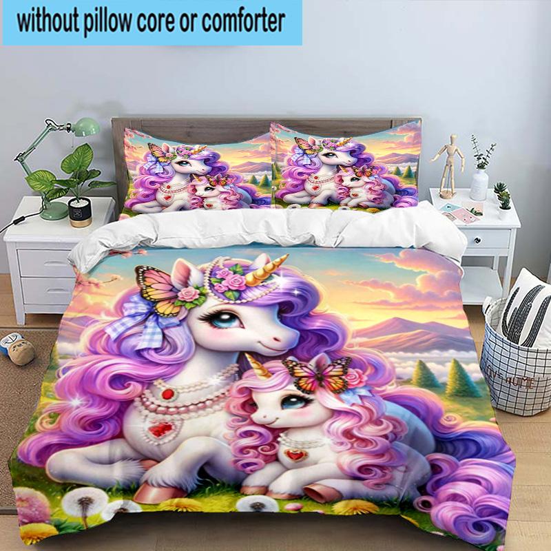 Magical Unicorn Fantasy 3pcs Bedding,Including 1pc Duvet Cover And 2pcs Pillowcases Perfect for Christmas,Ideal for Bedroom, Dormitory