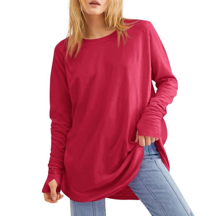 Loose Long Sleeve T Shirt Women Solid Round Neck Medium Top Thumb Hole