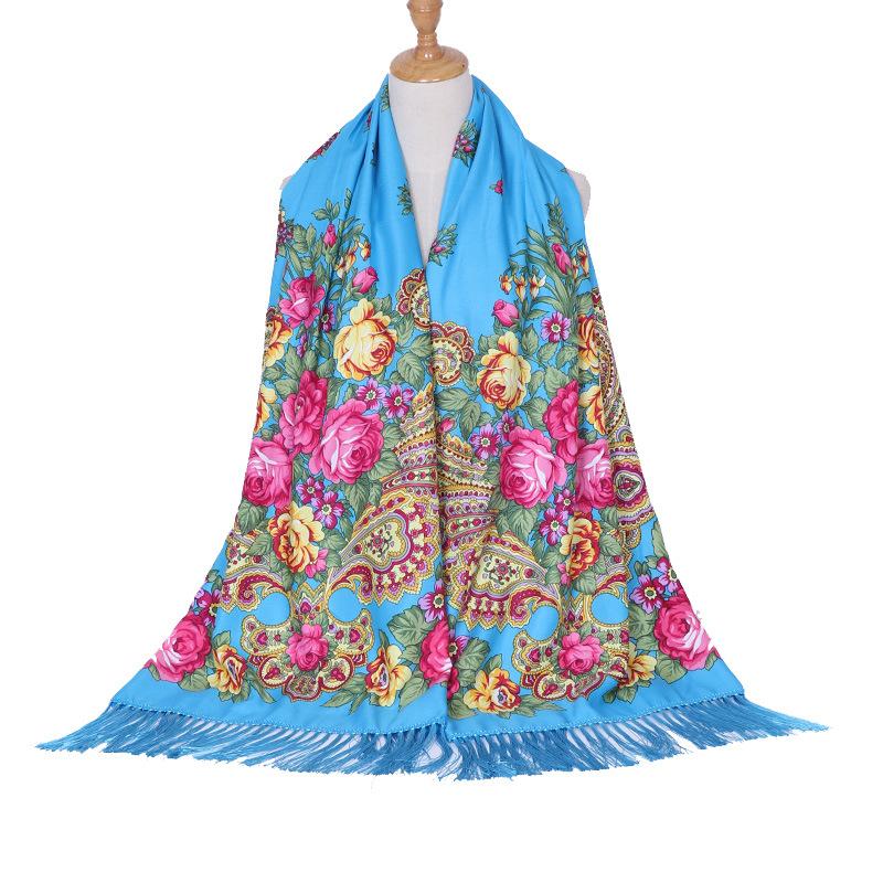 Scarf Women Flower Shawl Autumn And Winter Foulard Warmth Vintage Tassel Hijab Warp Printed Headscarf Bandana