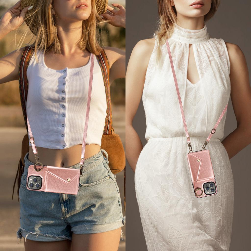 For iPhone 15 Series.for iPhone 15,15 Plus,15 Pro,15 Pro Max Shoulder Strap Rope Ring Bracket Design Card Holder Slots Lichee Pattern Cover Phone Case